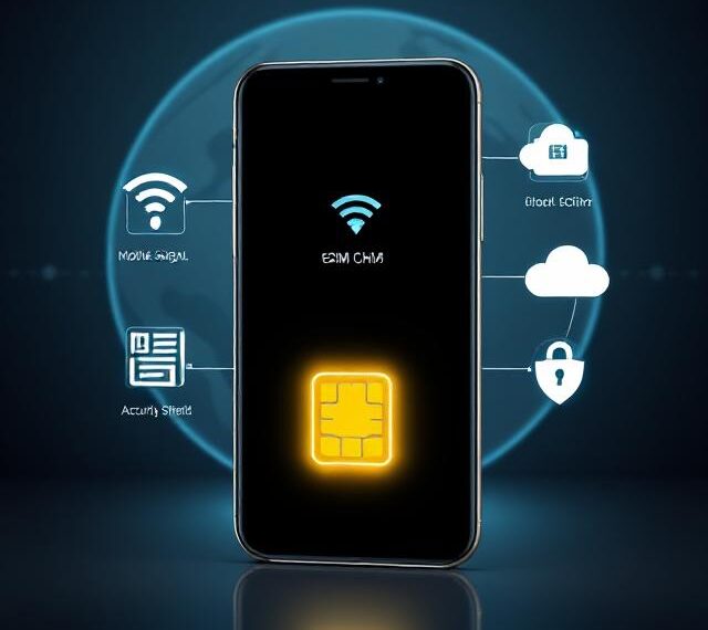 Smartphone displaying a glowing eSIM chip with mobile network, QR code, and security icons, representing modern eSIM technology and phone switching process.