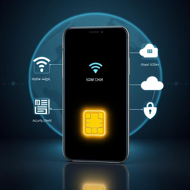 Smartphone displaying a glowing eSIM chip with mobile network, QR code, and security icons, representing modern eSIM technology and phone switching process.