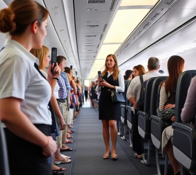 Flight attendant checking passengers’ shoes during boarding for safety