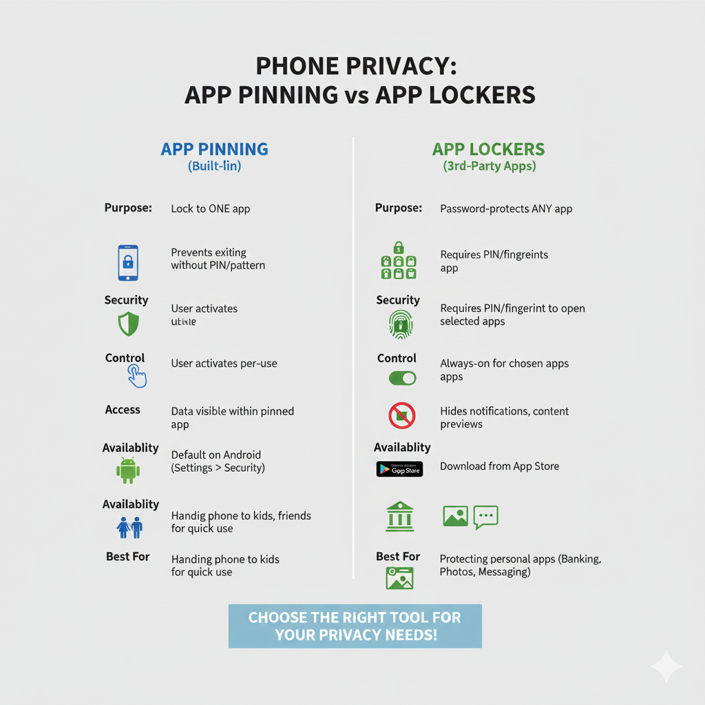 nfographic showing App Pinning vs App Lockers.